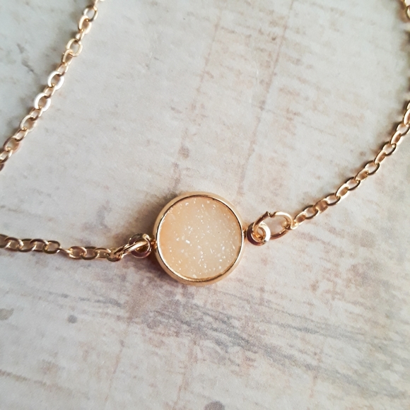Peach Druzy Round Circle Pendant Dainty Minimalist Gold Chain Necklace - Picture 9 of 14